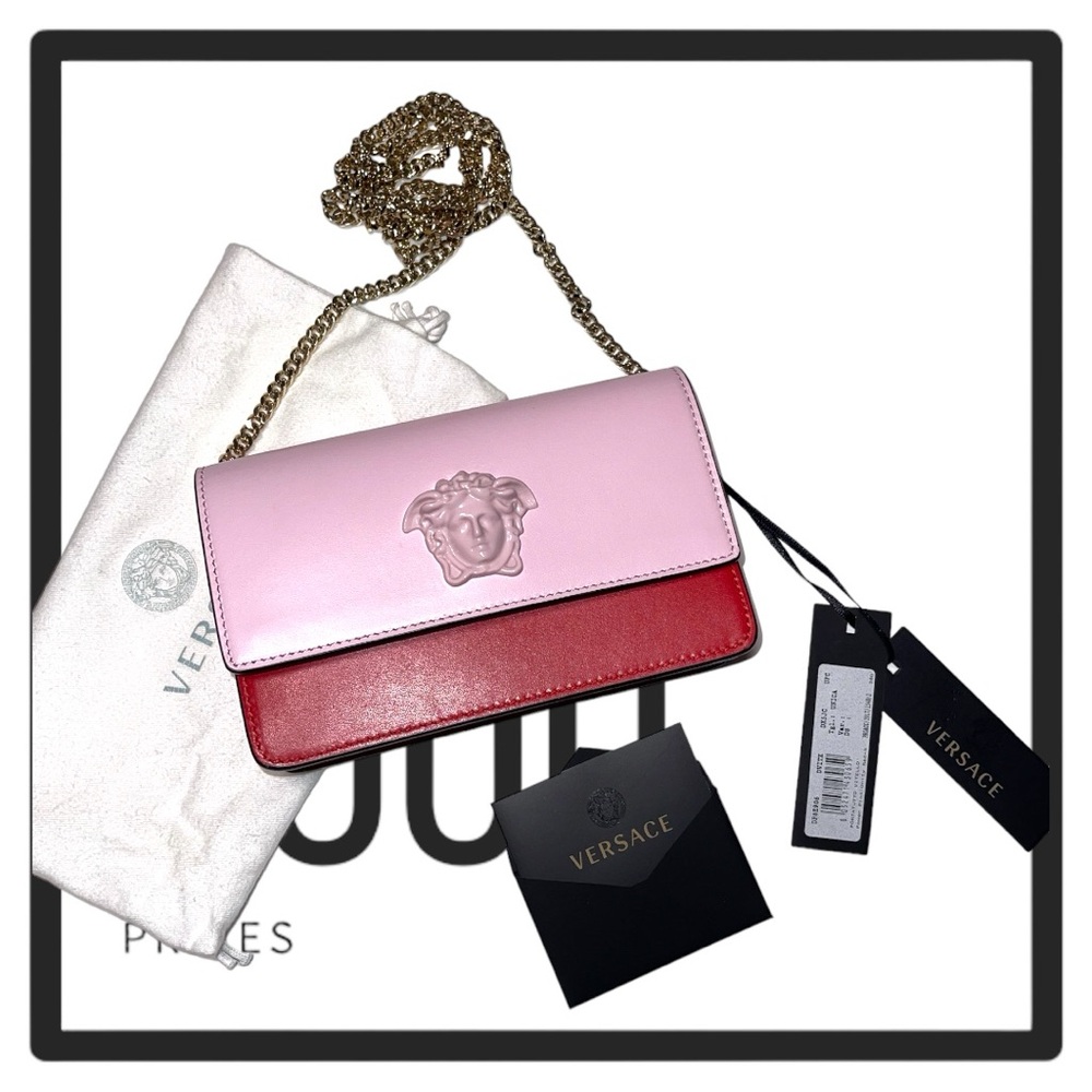 VERSACE Calfskin Medusa Wallet on Chain Crossbody Pink Red